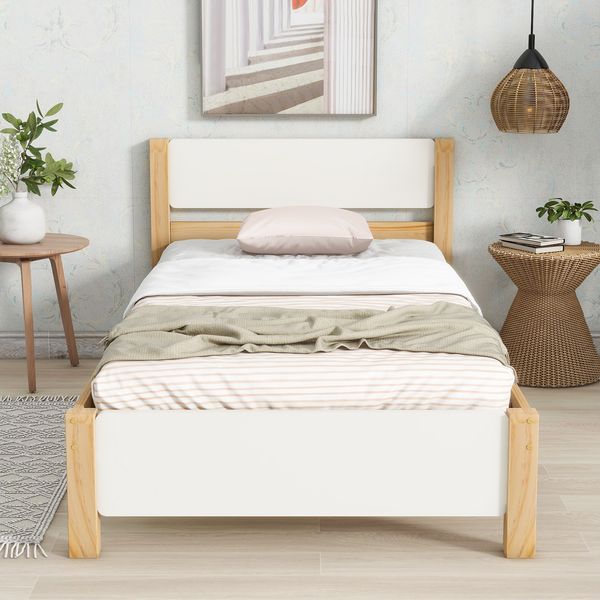 Einzelbett, Holzbett, Kiefernholzrahmen mit Mittelfuß, Jugendbett, Erwachsenenbett, mit Kopf- und Fußteil aus MDF, Weiß + Natur, 90x200 cm
