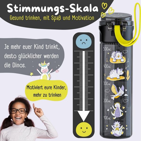 BEARFOOT Trinkflasche Trinkflasche Kinder, 500ml, leicht - Dinos-schwarz