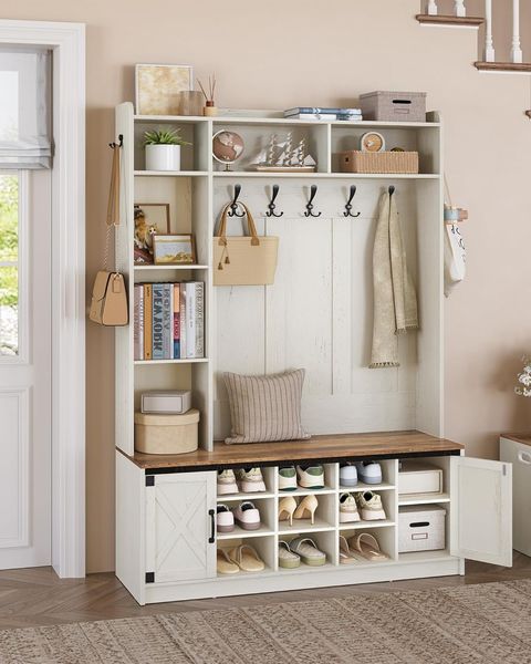 Garderobenständer mit Sitzbank, mit LED, Kleiderständer, Verstellbare Regalböden, 15 Offene Fächer, 7-Haken, für Eingangsbereich, Weiß-Braun, 35,5 x 140 x 191 cm