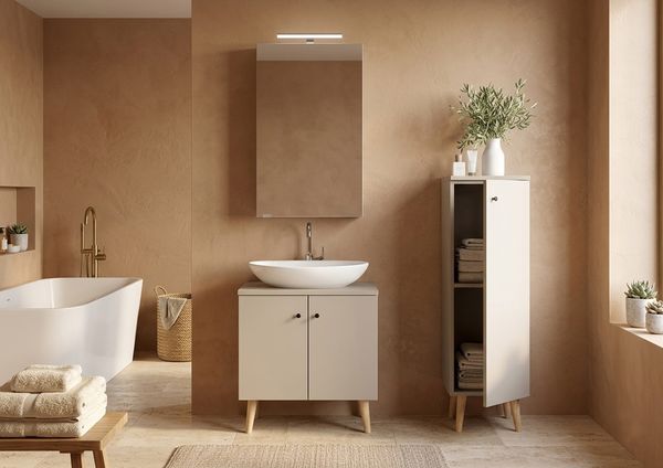 Badezimmermöbel Spiegelschrank Waschtisch Badschrank Set Taupe-Kiesel V-90.59F-02