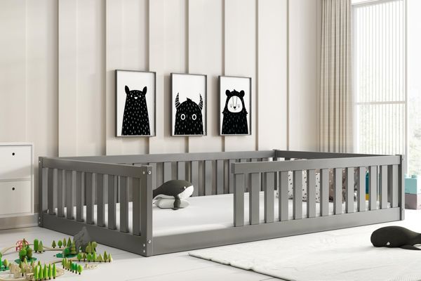 Interbeds Kinderbett Bella mit Rausfallschutz & Lattenrost Bodenbett aus Holz Einzelbett Montessori Bed Gitterbett Kleinkindbett bis 120 kg Kiefer Holz massiv Junge Mädchen (grau, 120x200)