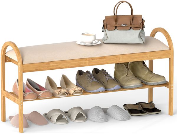 Bambus-Schuhbank Flurbank mit gepolstertem Klappdeckel verstecktem Stauraum Beige