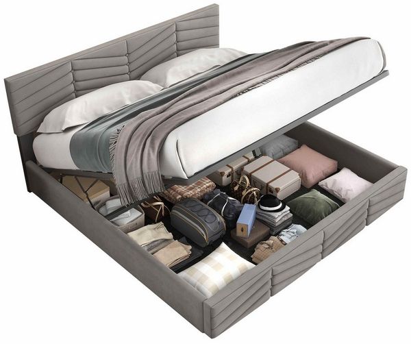 BlingBin Polsterbett Doppelbett, Hydraulisches Funktionsbett, Continentalbett (1er Set, 1-tlg, 160x200cm, Ohne Matratze, Max Belastbarkeit: 300KG), Streifen-Stil, Höhenverstellbares Kopfteil, Samt, Grau