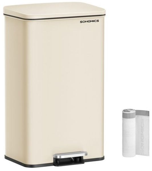 SONGMICS Mülleimer, 40 Liter Abfalleimer, 15 Müllbeutel inklusive, großer Tretmülleimer mit Deckel, aus Stahl, Softclose, beige