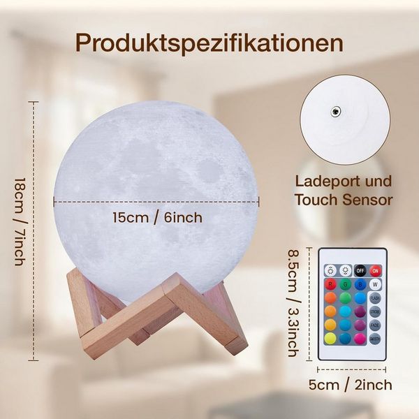 queence USB-Tischleuchte 3D-Mondlampe, 16 Farben, Nachtlicht mit Fernbedienung, 16 Farben, 3D-Mondlampe dimmbar mit Fernbedienung und USB-aufladbar