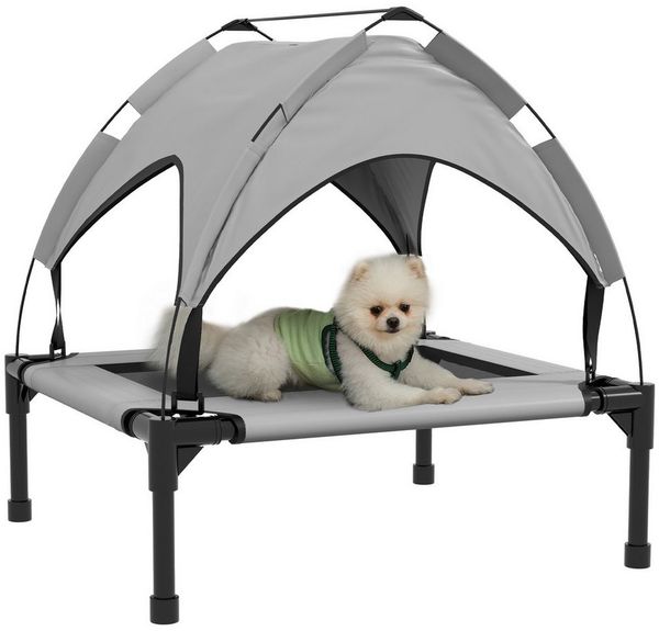 PawHut Tierbett mit Baldachin, Outdoor Hundeliege mit Dach, Atmungsaktiv, Oxford, für kleine und mittelgroße Hunde Hellgrau Oxford 76 x 61 x 69,5 cm