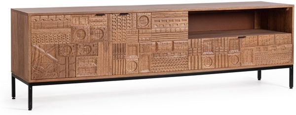 TV Board Kindia aus Mangoholz, Retro Chic Design, braun, handgefertigte Fronten, 180 cm