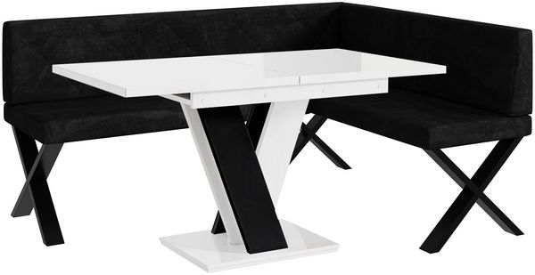 MEBLINI Eckbank für Esszimmer mit ausziehbarem Tisch - Küchenbank - Essecke - Sitzecke Küche - ERIC - X-Beine 128x168x87cm Rechts - Graphit Samt/M Weiß-Schwarz Hochgl.