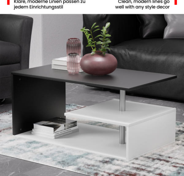 MIADOMODO® Couchtisch - 90x50 cm, mit Stauraum, Modern, Eckig, Asymmetrisch, Leicht, Lang, Niedrig, Weiß und Dunkelgrau - Wohnzimmertisch, Sofatisch, Kaffeetisch, Beistelltisch Bild 2