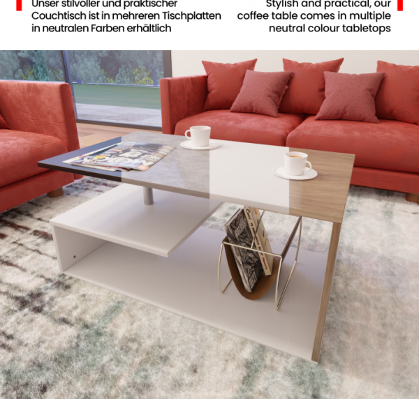 MIADOMODO® Couchtisch - 90x50 cm, mit Stauraum, Modern, Eckig, Asymmetrisch, Leicht, Lang, Niedrig, Weiß und Dunkelgrau - Wohnzimmertisch, Sofatisch, Kaffeetisch, Beistelltisch Bild 7