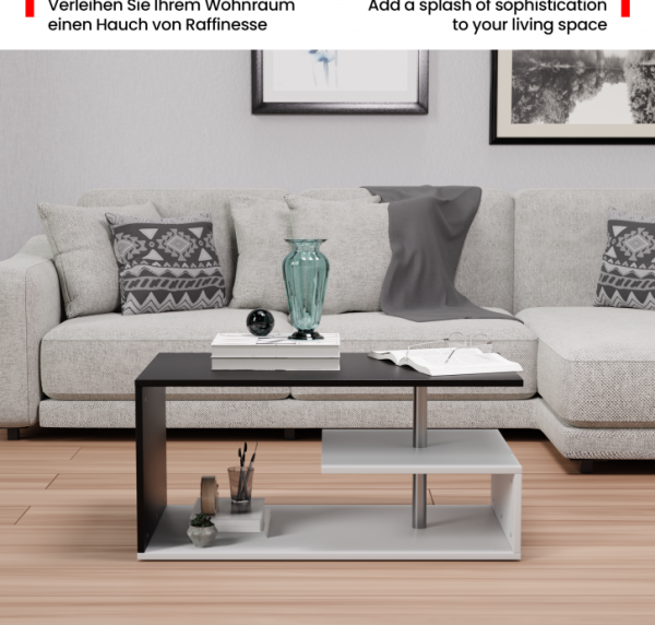 MIADOMODO® Couchtisch - 90x50 cm, mit Stauraum, Modern, Eckig, Asymmetrisch, Leicht, Lang, Niedrig, Weiß und Dunkelgrau - Wohnzimmertisch, Sofatisch, Kaffeetisch, Beistelltisch Bild 3