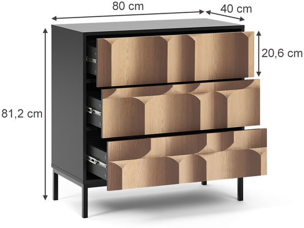 Kommode Eliza Schwarz/Eiche 80 x 81.2 cm mit 3 Schubladen Vicco Bild 2