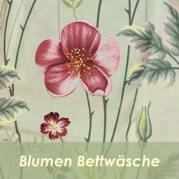 KEAYOO Bettwäsche Blumenbettwäsche 135x200cm Bettbezug 80x80cm Kissenbezug, 2 teilig, Roten Grün Baumwolle Bettwäsche mit Reißverschluss