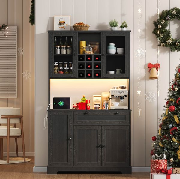 Küchenschrank mit Sicherheitsglas, LED-Lichtleiste & USB-Anschluss, 180 x 105 x 40 cm, Schwarz