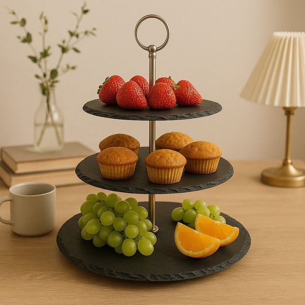 hausleben Etagere Schiefer Servierplatte mit Edelstahlgriff, (3-tlg), aus Naturstein – rustikal & edel