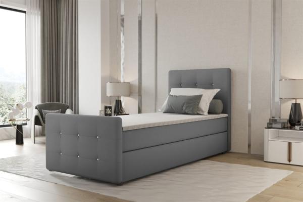 Boxspringbett Bett MARKOS 100x220cm Bettkasten Seite Rechts Grau inkl. Topper