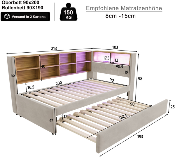 Polsterbett 90/190x200 cm mit Ausziehbett, LED, USB-C und Stauraum, Flanell Hellgrau, Matratze nicht enthalten Bild 5