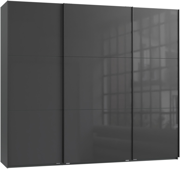 SCHWEBETÜRENSCHRANK 3-türig B250/H216/T65 cm in Anthrazit mit Glasfront inkl. Vollausstattung