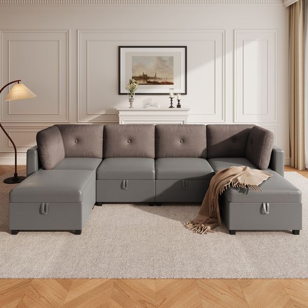 Flieks Modulares 6-in-1 U Sofa mit Stauraum, Samt & Cord Schlafsofa, wandelbares Wohnzimmersofa mit Liegefunktion, für 4–6 Personen, Grau