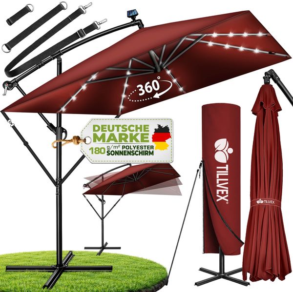 tillvex® Alu Sonnenschirm Rechteckig Ø 330 cm mit LED Solar Rot + Abdeckung mit Kurbel | Ampelschirm mit Ständer & Windschutz | Gartenschirm UV-Schutz, wasserdicht, 360° drehbar | Kurbelschirm Marktschirm