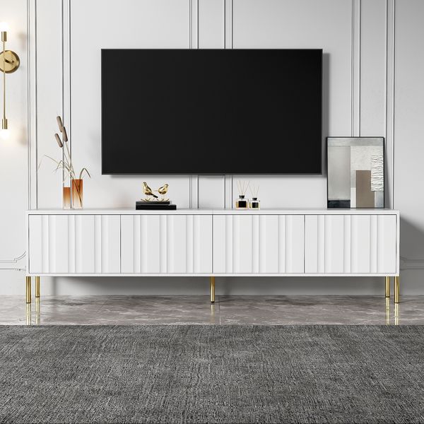 TV-Schrank 190x38x48 cm in Weiß mit 4 Türen, 8 Fächern und goldfarbenen Beinen