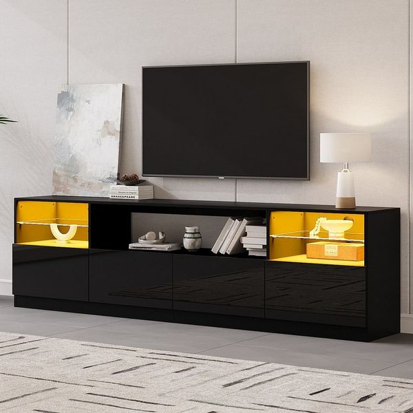 Merax Lowboard Hochglanz Fernsehschrank mit LED (1 St, Wohnzimmer & Esszimmer TV Board), TV-Schrank mit 4 Flügeltüren & 8 Fächer, 180 x 35 x 60 cm
