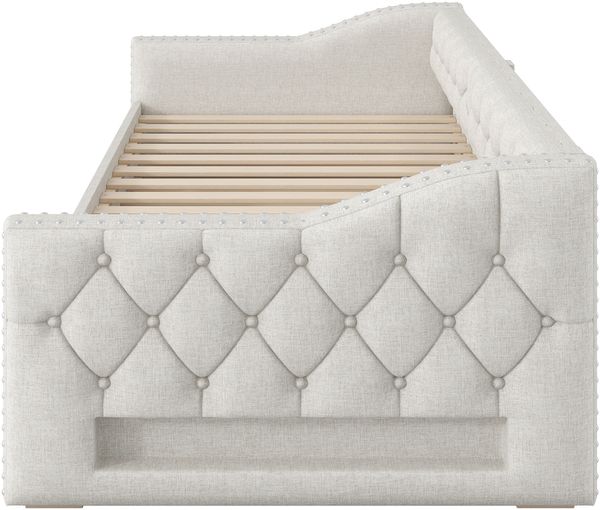 Tagesbett 90x200 mit Ausziehbett & 3 Schubladen,beige Gästebett mit LED-Beleuchtung (7 Farben) & Stauraum,gepolstert Bild 9