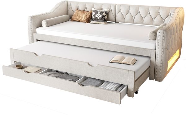 Tagesbett 90x200 mit Ausziehbett & 3 Schubladen,beige Gästebett mit LED-Beleuchtung (7 Farben) & Stauraum,gepolstert Bild 5