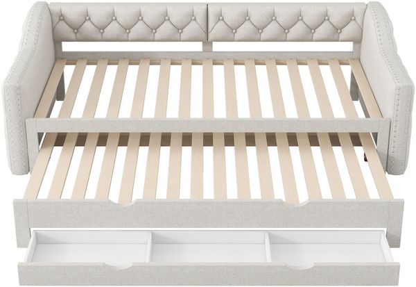 Tagesbett 90x200 mit Ausziehbett & 3 Schubladen,beige Gästebett mit LED-Beleuchtung (7 Farben) & Stauraum,gepolstert Bild 7