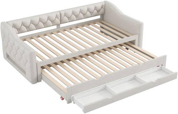 Tagesbett 90x200 mit Ausziehbett & 3 Schubladen,beige Gästebett mit LED-Beleuchtung (7 Farben) & Stauraum,gepolstert Bild 8