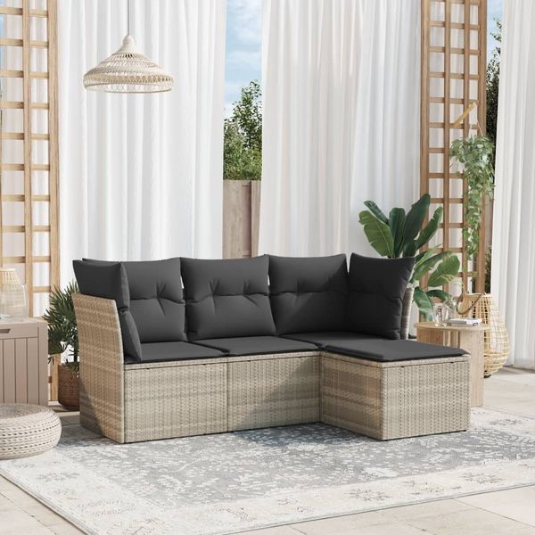 vidaXL 4-tlg. Garten-Sofagarnitur mit Kissen Hellgrau Poly Rattan 3249381