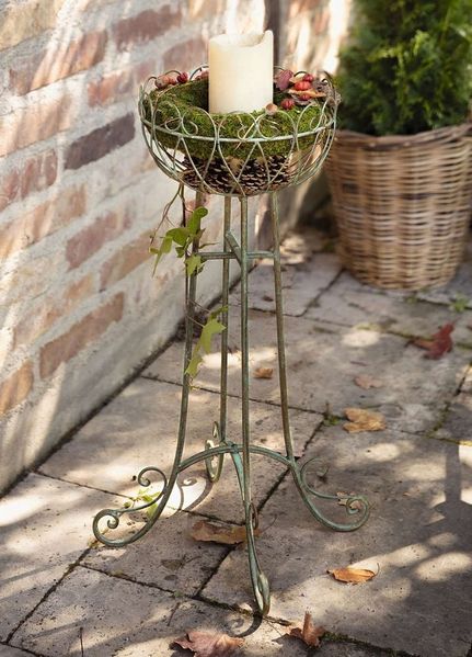 Dekoleidenschaft Blumenständer "Ornamente" Dekoständer grün mit Rost Finish, Metallständer mit Korb, Pflanzenschale, Blumenkorb