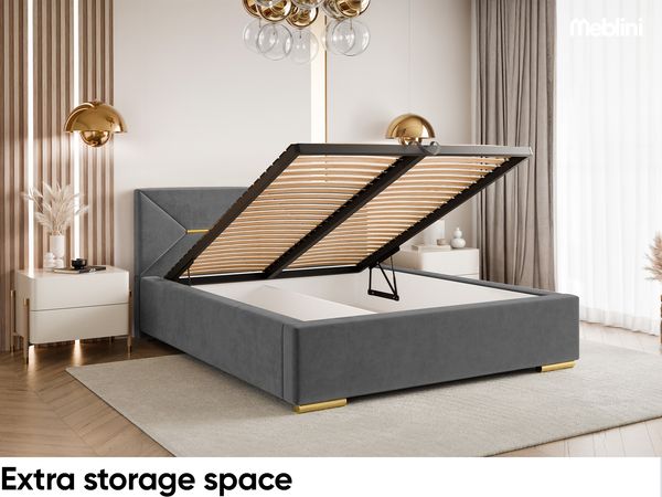 MEBLINI Polsterbett 140x200 mit Lattenrost mit Matratze – LIZZY – Dunkelgrau Samt – Doppelbett mit Bettkasten - Stauraumbett - Kopfteil Bett mit Stauraum Bild 6