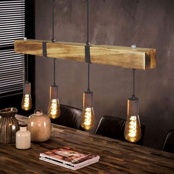 ZMH Pendelleuchte Holz Retro E27 Höhenverstellbar Industrial Esszimmer Küche Wohnzimmer, ohne Leuchtmittel