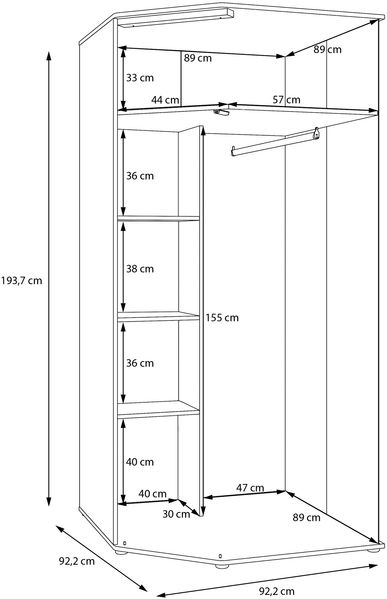 Forte WEXLIN Eckkleiderschrank 90 95, moderner Kleiderschrank mit Schranktür, Kinder- und Jugendzimmer, Kaschmir|Beige|Mauvella Eiche Holzdekor, 92,2 cm breit x 193,7 cm hoch x 92,2 cm tief Bild 7