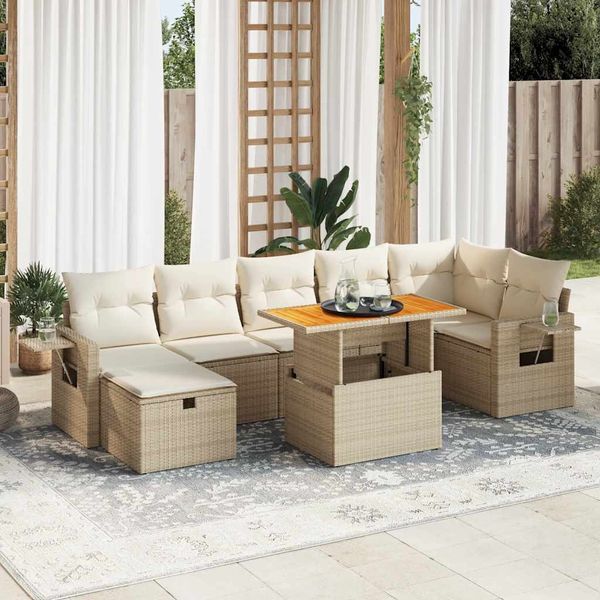 vidaXL 5-tlg. Garten-Sofagarnitur mit Kissen Beige Poly Rattan Akazie 3328038