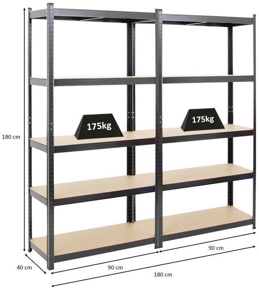 PROREGAL® Schwerlastregal MegaDeal 2x Kellerregal GORILLA 180x90x40cm Fachlast 175kg Schwarz, Garagenregal Werkstattregal Lagerregal Lastenregal 875kg Gesamtlast