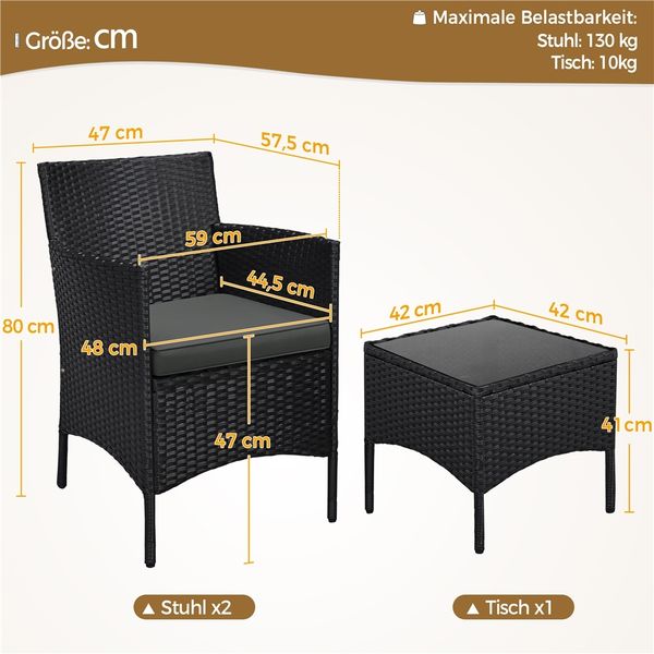 Yaheetech Balkonset, Gartenmöbel-Set 3-teilig. inkl. 2 Stühle mit Sitzkissen & Tisch, Schwarz & Grau Bild 4