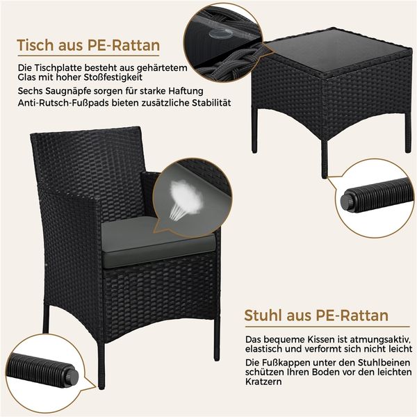 Yaheetech Balkonset, Gartenmöbel-Set 3-teilig. inkl. 2 Stühle mit Sitzkissen & Tisch, Schwarz & Grau Bild 6