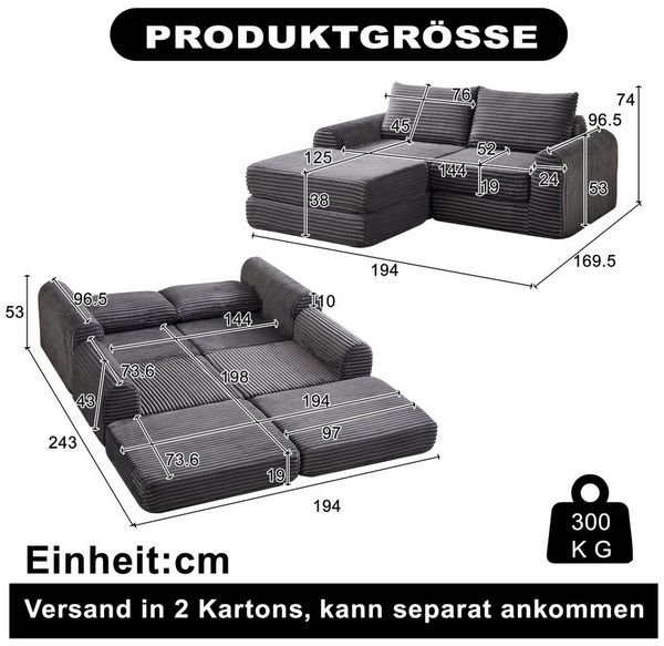 MODFU Schlafsofa Modulares Sofa-Bett, Removable Footstool, Modular Sofa with Flexible Configuration 1 Teile