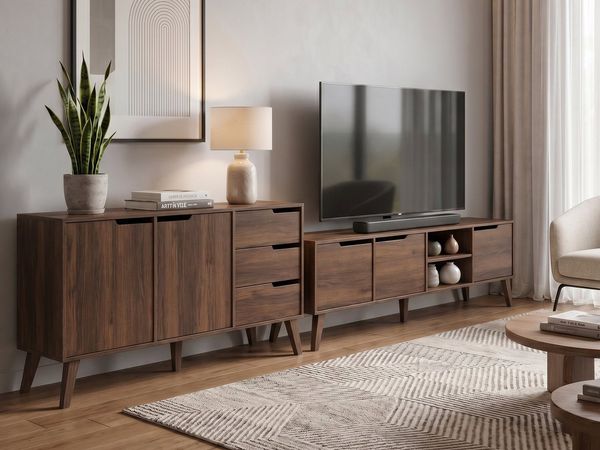 Beautysofa Wohnzimmer-Set NOREL 2-teilig Kommode 160 cm + TV-Schrank 180 cm, (modernes Wohnzimmermöbel-Set mit Schubladen, Türen, offenen Fächern, Holzbeinen, ABS-Kanten), Erhältliche Farben: Warmia Walnuss und Cashmere