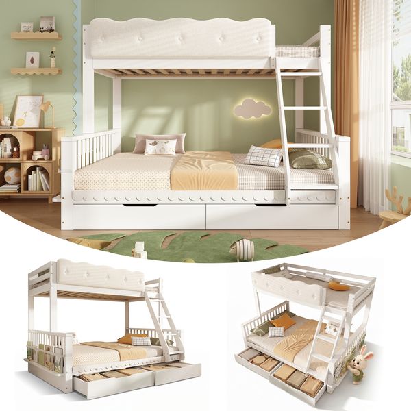 Merax Kinder-Etagenbett 90x200/140x200 cm mit Wolken-Geländer, Schubladen & Zeitschriftenständer, Holz-Familienbett für Kinder & Erwachsene, Weiß Bild 2