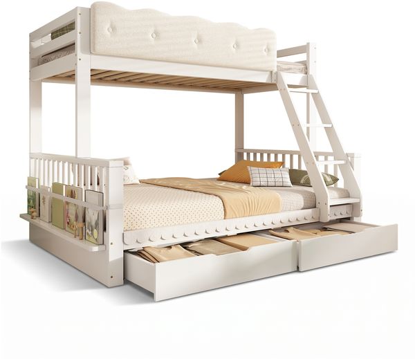 Merax Kinder-Etagenbett 90x200/140x200 cm mit Wolken-Geländer, Schubladen & Zeitschriftenständer, Holz-Familienbett für Kinder & Erwachsene, Weiß Bild 10