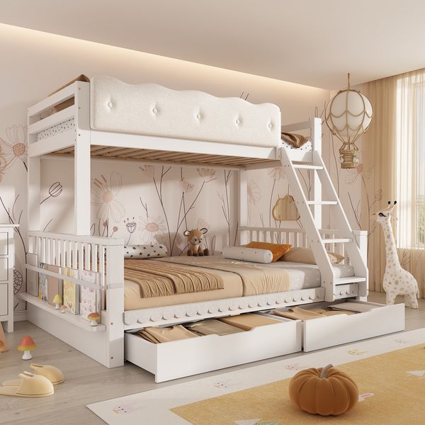 Merax Kinder-Etagenbett 90x200/140x200 cm mit Wolken-Geländer, Schubladen & Zeitschriftenständer, Holz-Familienbett für Kinder & Erwachsene, Weiß