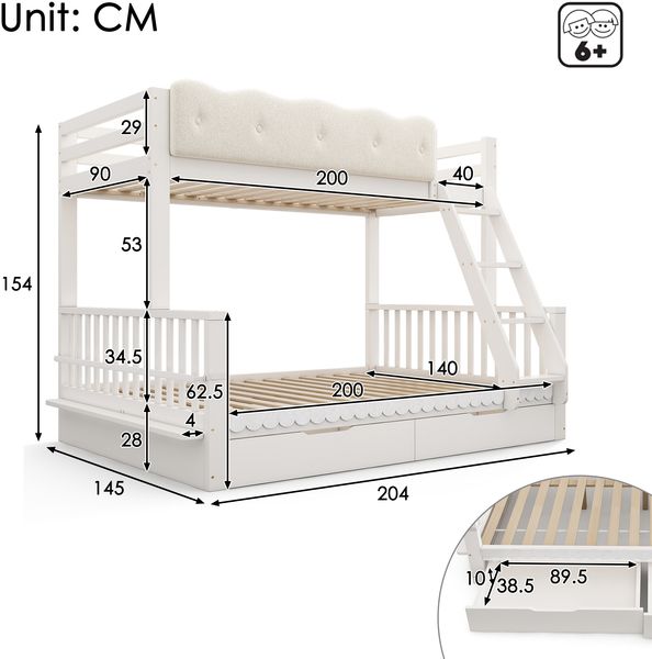 Merax Kinder-Etagenbett 90x200/140x200 cm mit Wolken-Geländer, Schubladen & Zeitschriftenständer, Holz-Familienbett für Kinder & Erwachsene, Weiß Bild 4