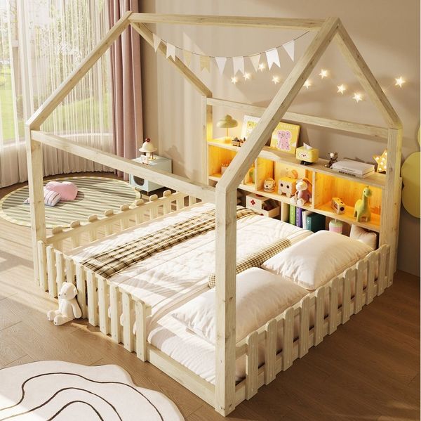 Flieks Kinderbett, Hausbett Bodenbett 140x190cm mit Gitter LED-Lichtleiste und Staufächer