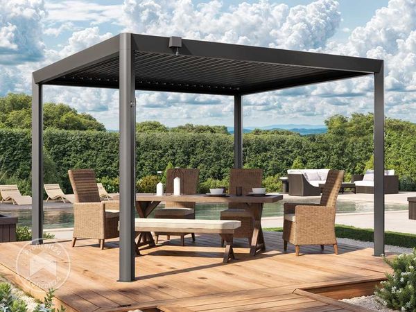 PRIMEYARD Pergola 3,5x3,5 m Aluminium Pfosten und Lamellendach aus Stahl - anthrazitfarbene Terrassenüberdachung