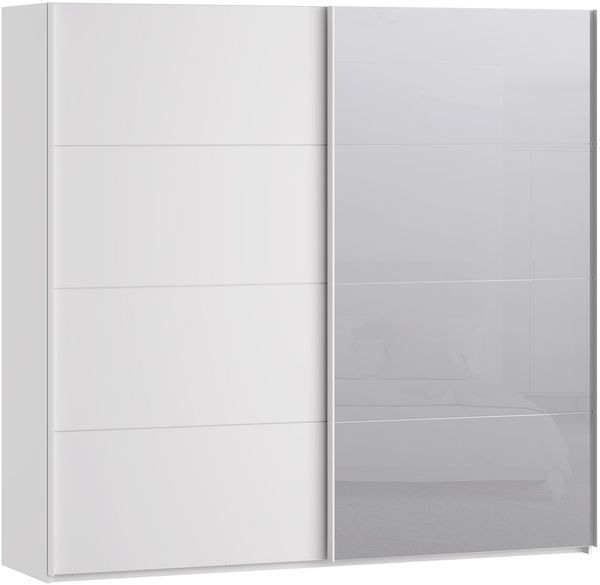 Forte SOPHISTISPACE Kleiderschrank 220, moderner Schwebetürenschrank, 2-türig, Einlegeböden, Kleiderstange, Spiegel, Holzwerkstoff, Weiß, 220,1 cm breit x 210,5 cm hoch x 62,9 cm tief