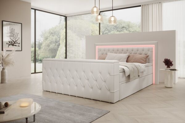 PROMETO Möbel Boxspringbett Doppelbett mit Matratze, Schubladen TV-Lift LED Beleuchtung, inkl. 7-Zonen-Taschenfederkernmatratze, TV-Lift im Fußteil, Topper