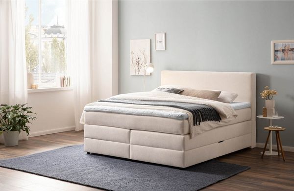 Belanoti Boxspringbett LOFT (Boxspringbett 160x200 mit Bettkasten, 7-Zonen Taschenfederkern Matratze inklusive Visco Topper), Bett 160x200 in der Farbe Beige H2/H3 Polsterbett